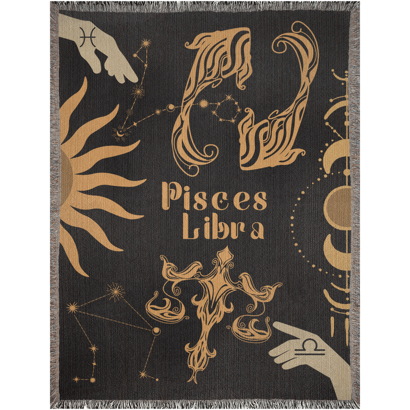 Libra and Pisces Zodiac Compatibility Woven Throw Tapestry - Elevate home decor with this boho-inspired, celestial charm blanket. Perfect for astrology enthusiasts, featuring Libra and Pisces sun signs, adding unique, artistic flair to your living space. Premium cotton, cozy, and decorative.