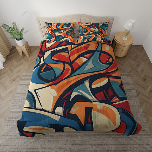 Abstract Urban Graffiti duvet cover set with matching pillowcases on bed