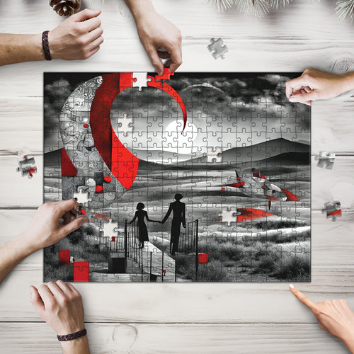 Alien Landscape wooden jigsaw puzzle being assembled on a table