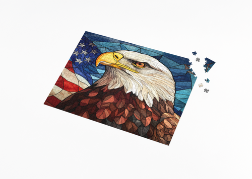 American Bald Eagle Stained Glass wooden jigsaw puzzle displayed in a lifestyle setting