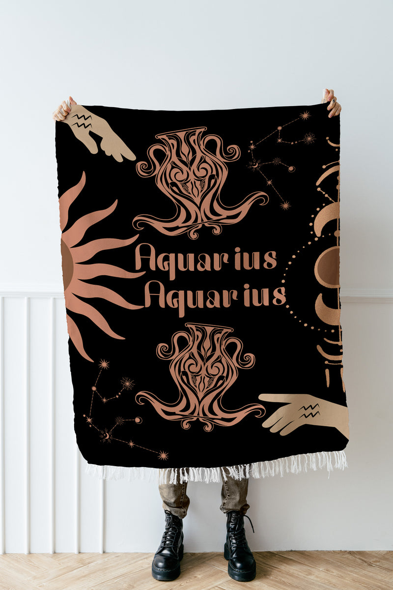 Zodiac Compatibility Match Woven Tapestry Throw Blanket | Astrology-inspired Home Decor | Aquarius & Aquarius Horoscope