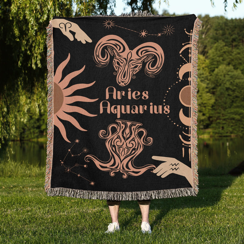 Zodiac Compatibility Match Woven Tapestry Throw Blanket | Astrology-inspired Home Decor | Aries & Aquarius Horoscope