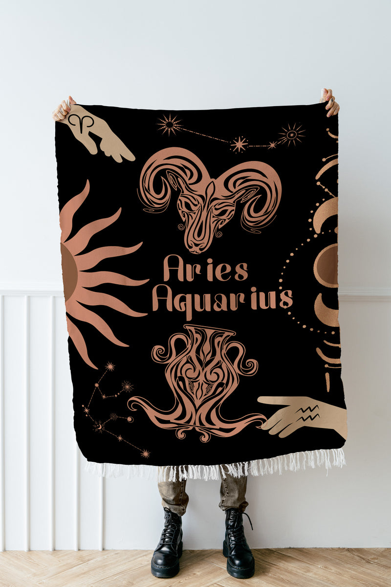 Zodiac Compatibility Match Woven Tapestry Throw Blanket | Astrology-inspired Home Decor | Aries & Aquarius Horoscope