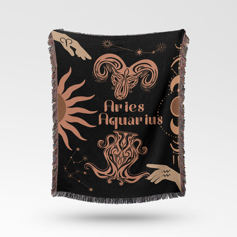 Zodiac Compatibility Match Woven Tapestry Throw Blanket | Astrology-inspired Home Decor | Aries & Aquarius Horoscope