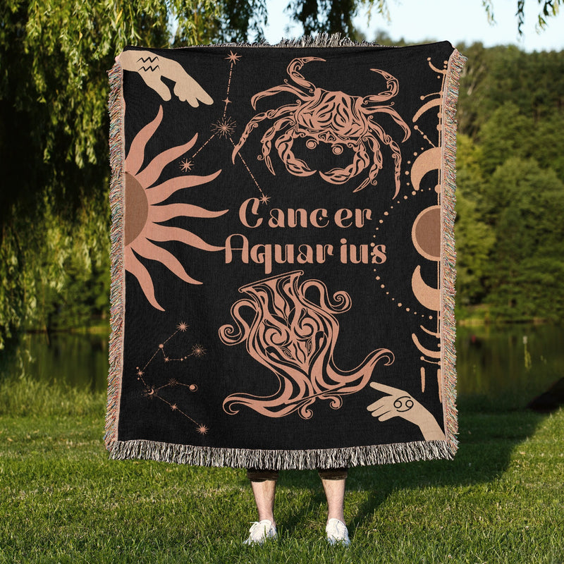 Zodiac Compatibility Match Woven Tapestry Throw Blanket | Astrology-inspired Home Decor | Cancer & Aquarius Horoscope