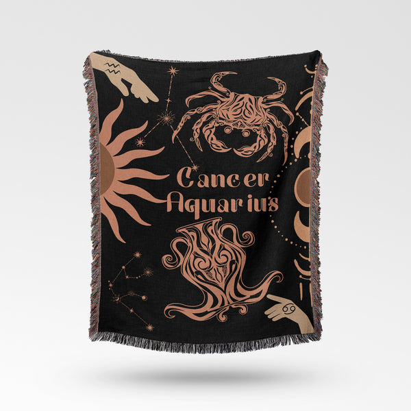 Zodiac Compatibility Match Woven Tapestry Throw Blanket | Astrology-inspired Home Decor | Cancer & Aquarius Horoscope