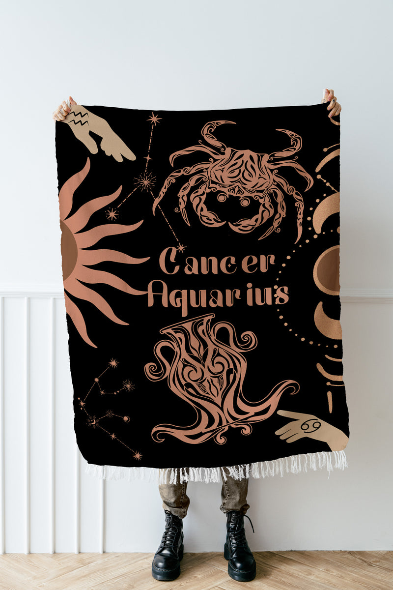 Zodiac Compatibility Match Woven Tapestry Throw Blanket | Astrology-inspired Home Decor | Cancer & Aquarius Horoscope