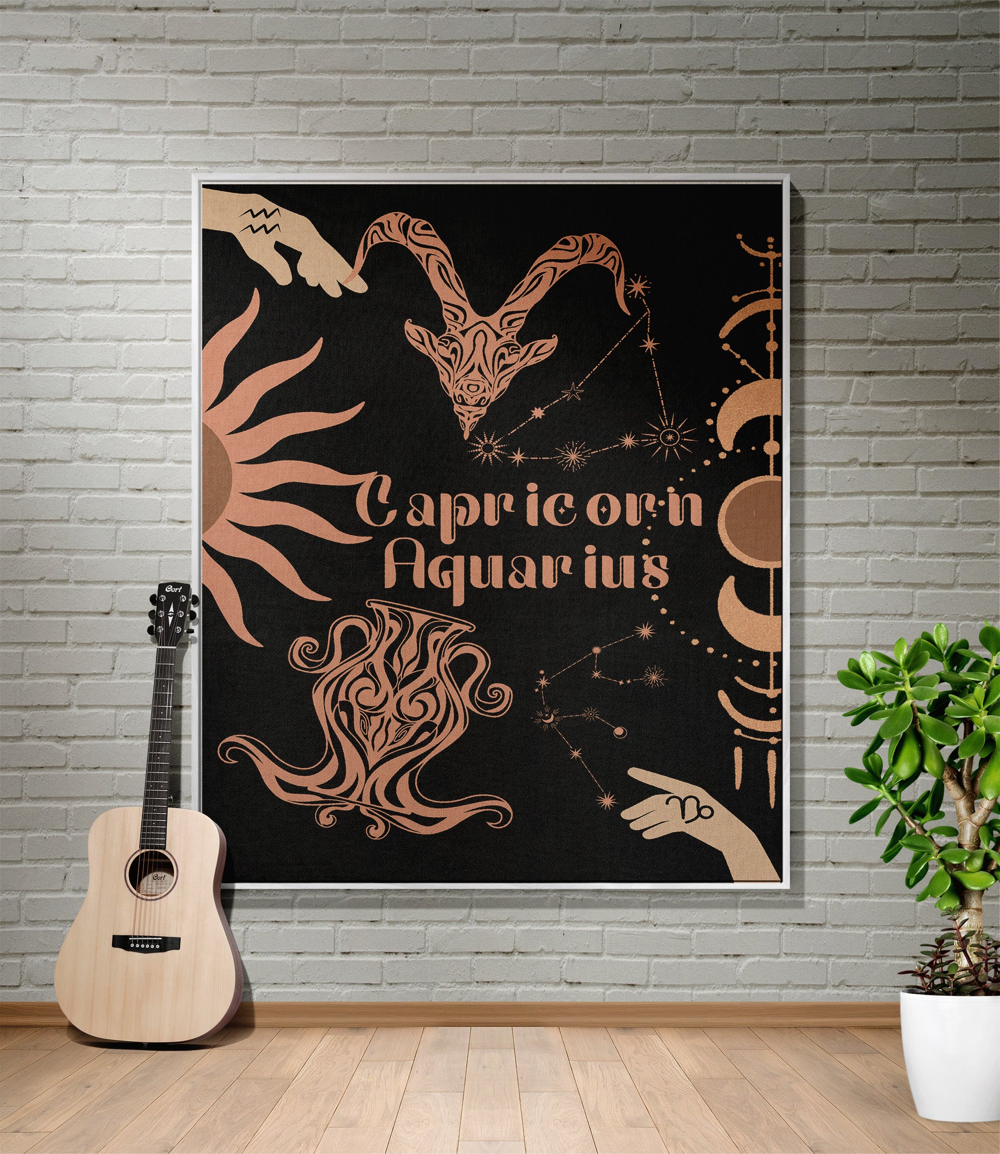 Woven tapestry throw blanket featuring the Aquarius and Capricorn zodiac symbols. Perfect for astrology enthusiasts, this cotton throw blanket adds a touch of boho style and celestial charm to your home decor.