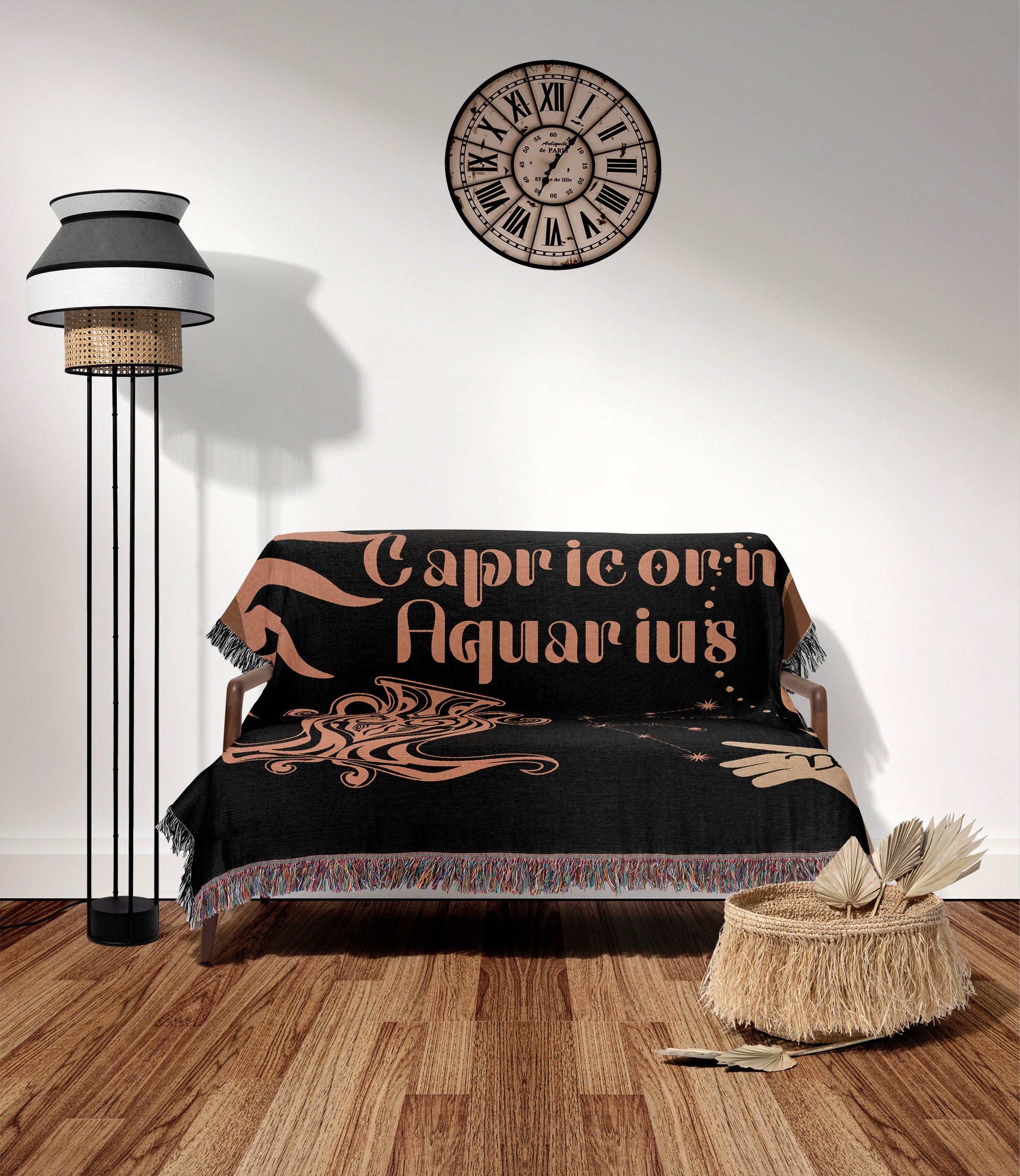 Woven tapestry throw blanket featuring the Aquarius and Capricorn zodiac symbols. Perfect for astrology enthusiasts, this cotton throw blanket adds a touch of boho style and celestial charm to your home decor.