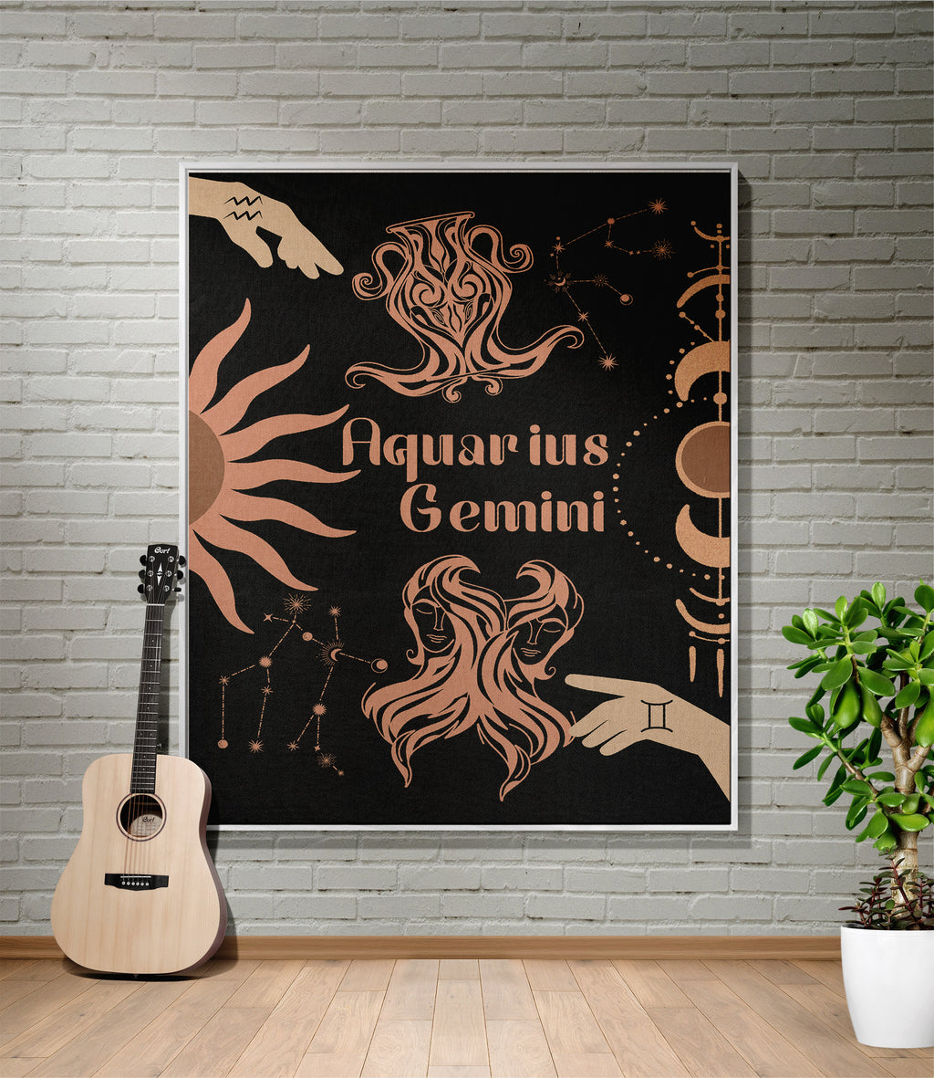 Woven tapestry throw blanket featuring the Aquarius and Gemini zodiac symbols. Perfect for astrology enthusiasts, this cotton throw blanket adds a touch of boho style and celestial charm to your home decor.