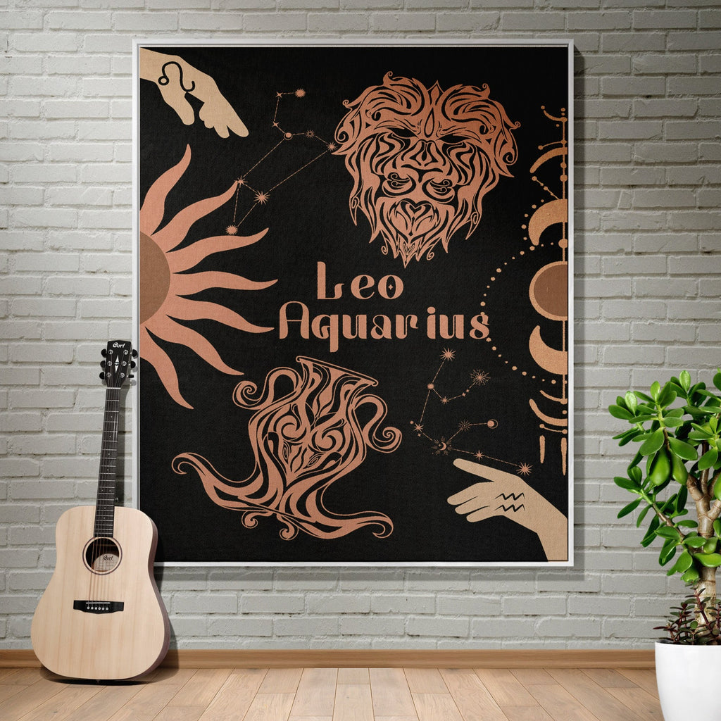 Woven tapestry throw blanket featuring the Aquarius and Leo zodiac symbols. Perfect for astrology enthusiasts, this cotton throw blanket adds a touch of boho style and celestial charm to your home decor.