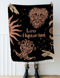 Woven tapestry throw blanket featuring the Aquarius and Leo zodiac symbols. Perfect for astrology enthusiasts, this cotton throw blanket adds a touch of boho style and celestial charm to your home decor.