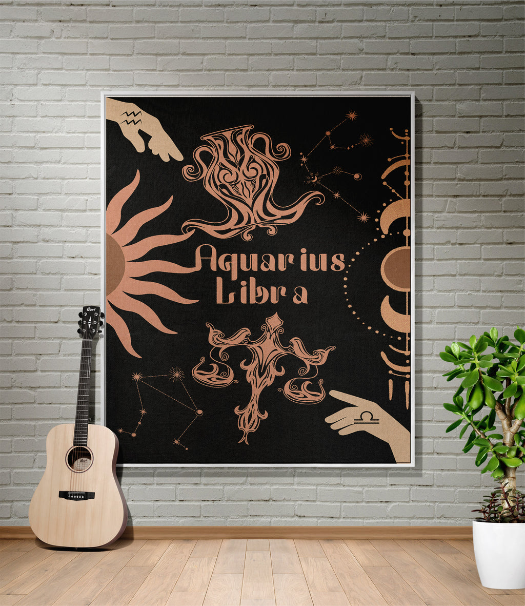 Woven tapestry throw blanket featuring the Aquarius and Libra zodiac symbols. Perfect for astrology enthusiasts, this cotton throw blanket adds a touch of boho style and celestial charm to your home decor.