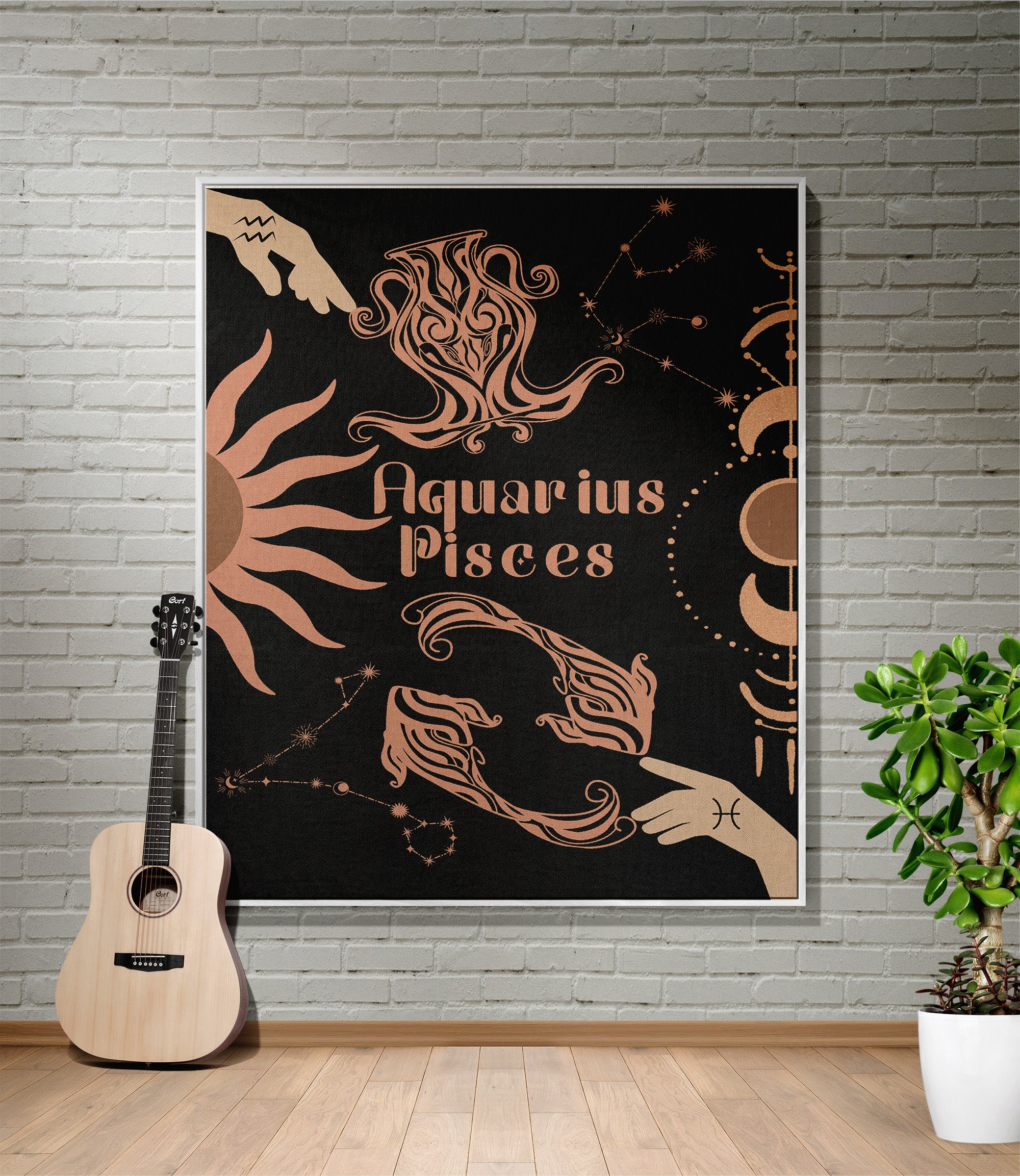 Woven tapestry throw blanket featuring the Aquarius and Pisces zodiac symbols. Perfect for astrology enthusiasts, this cotton throw blanket adds a touch of boho style and celestial charm to your home decor.