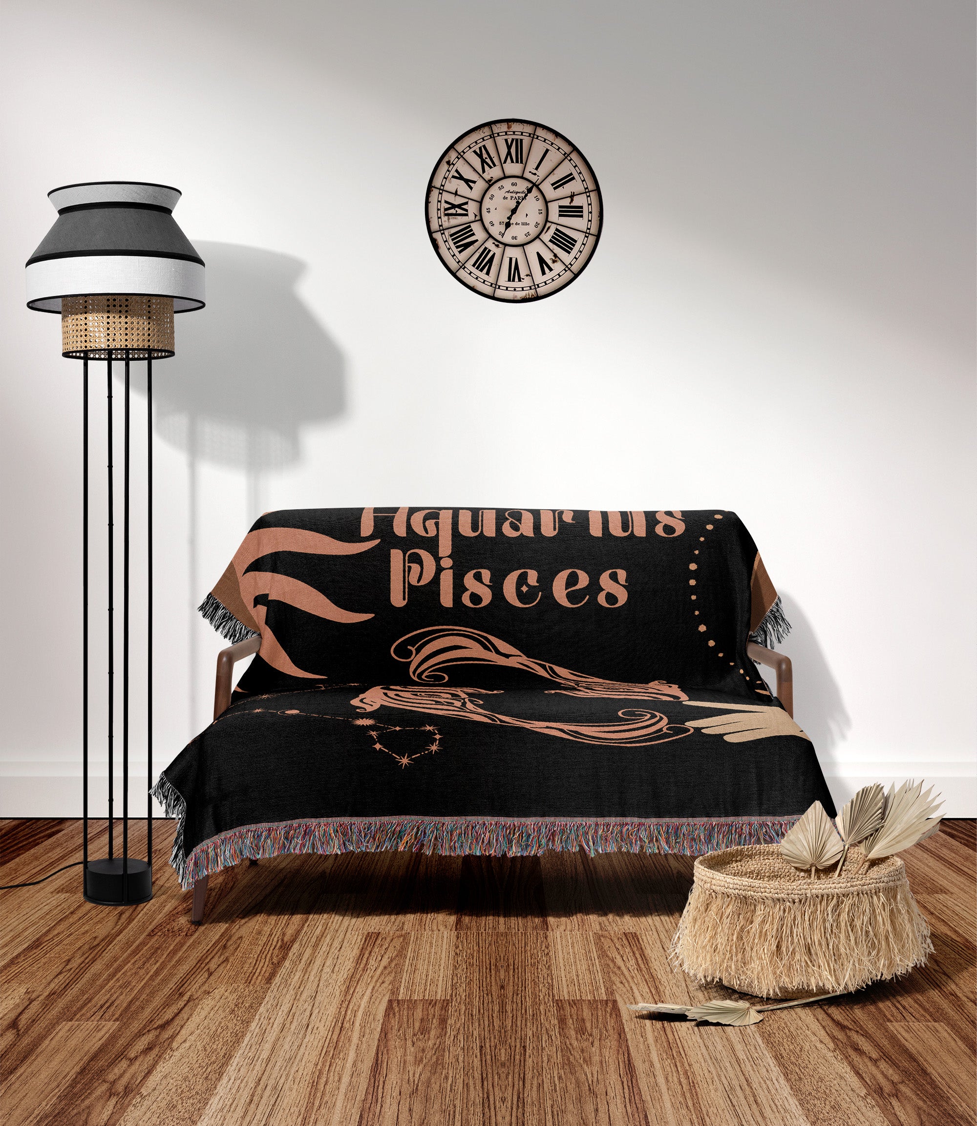 Woven tapestry throw blanket featuring the Aquarius and Pisces zodiac symbols. Perfect for astrology enthusiasts, this cotton throw blanket adds a touch of boho style and celestial charm to your home decor.