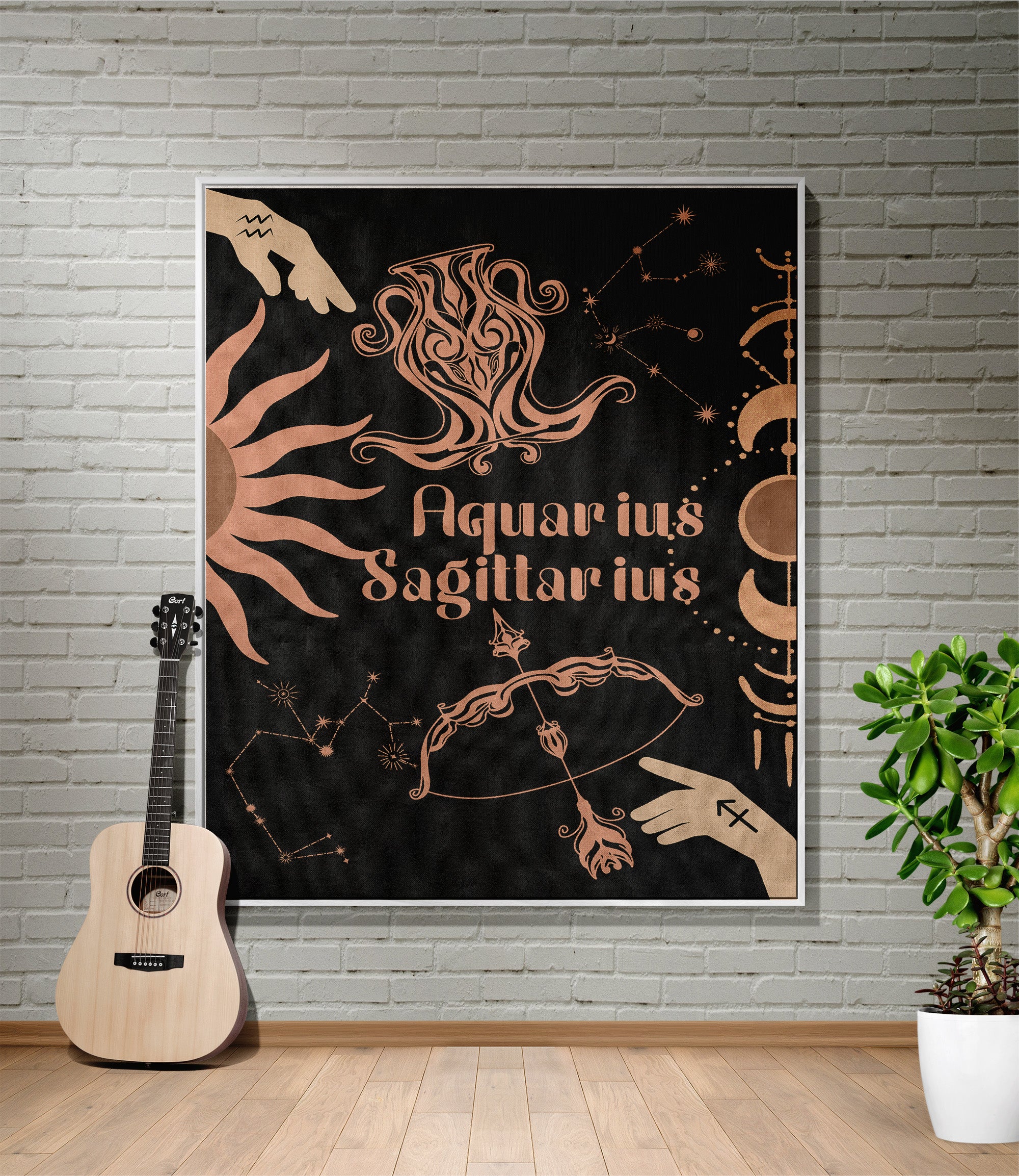 Woven tapestry throw blanket featuring the Aquarius and Sagittarius zodiac symbols. Perfect for astrology enthusiasts, this cotton throw blanket adds a touch of boho style and celestial charm to your home decor.