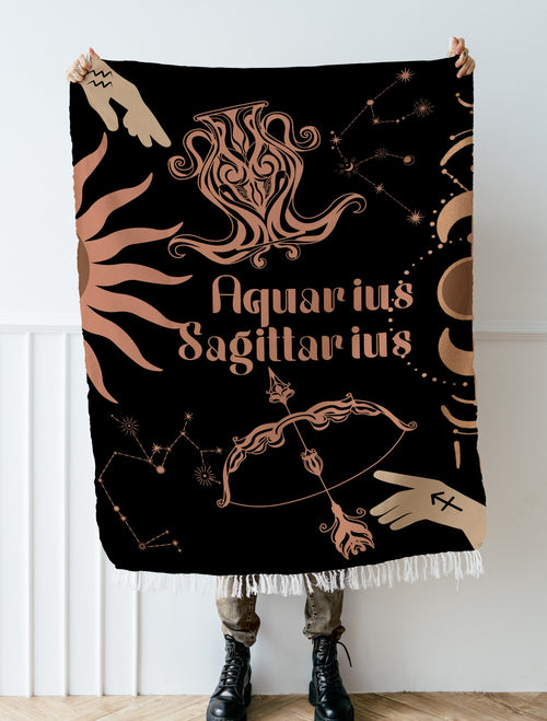 Aquarius and Sagittarius zodiac compatibility woven blanket - unique astrology gift - view 2
