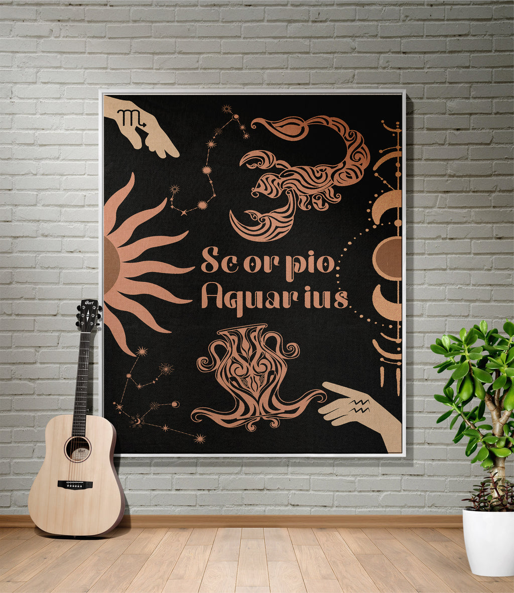 Woven tapestry throw blanket featuring the Aquarius and Scorpio zodiac symbols. Perfect for astrology enthusiasts, this cotton throw blanket adds a touch of boho style and celestial charm to your home decor.