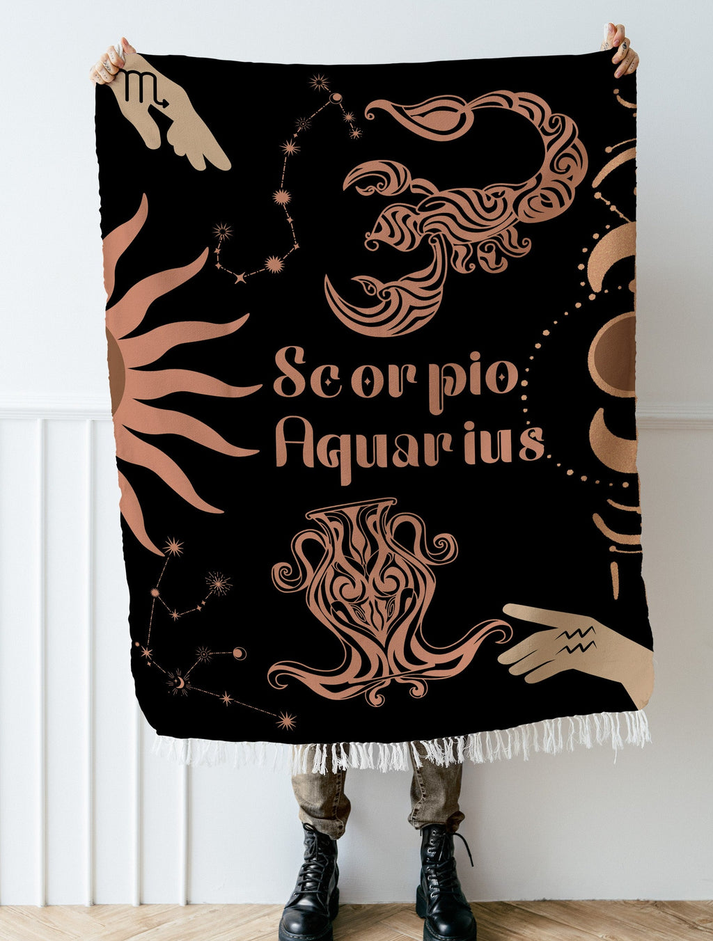 Woven tapestry throw blanket featuring the Aquarius and Scorpio zodiac symbols. Perfect for astrology enthusiasts, this cotton throw blanket adds a touch of boho style and celestial charm to your home decor.