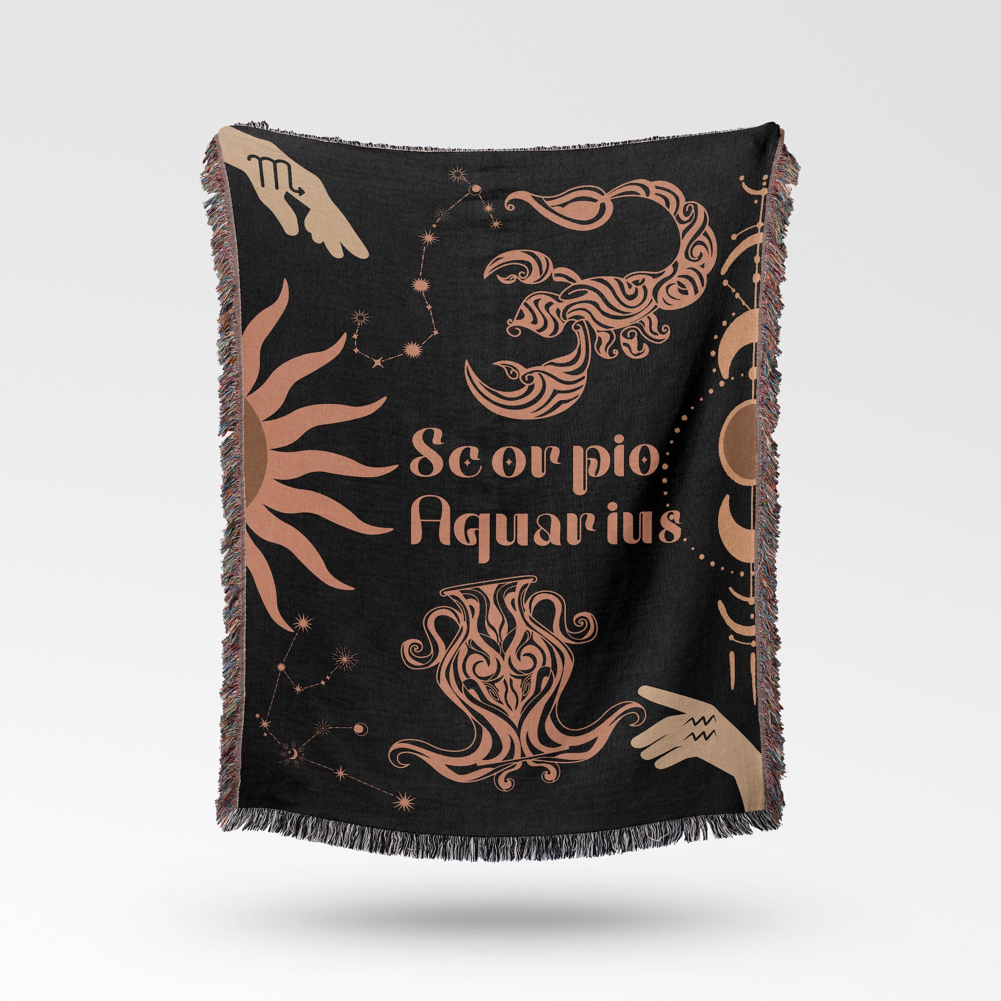 Woven tapestry throw blanket featuring the Aquarius and Scorpio zodiac symbols. Perfect for astrology enthusiasts, this cotton throw blanket adds a touch of boho style and celestial charm to your home decor.