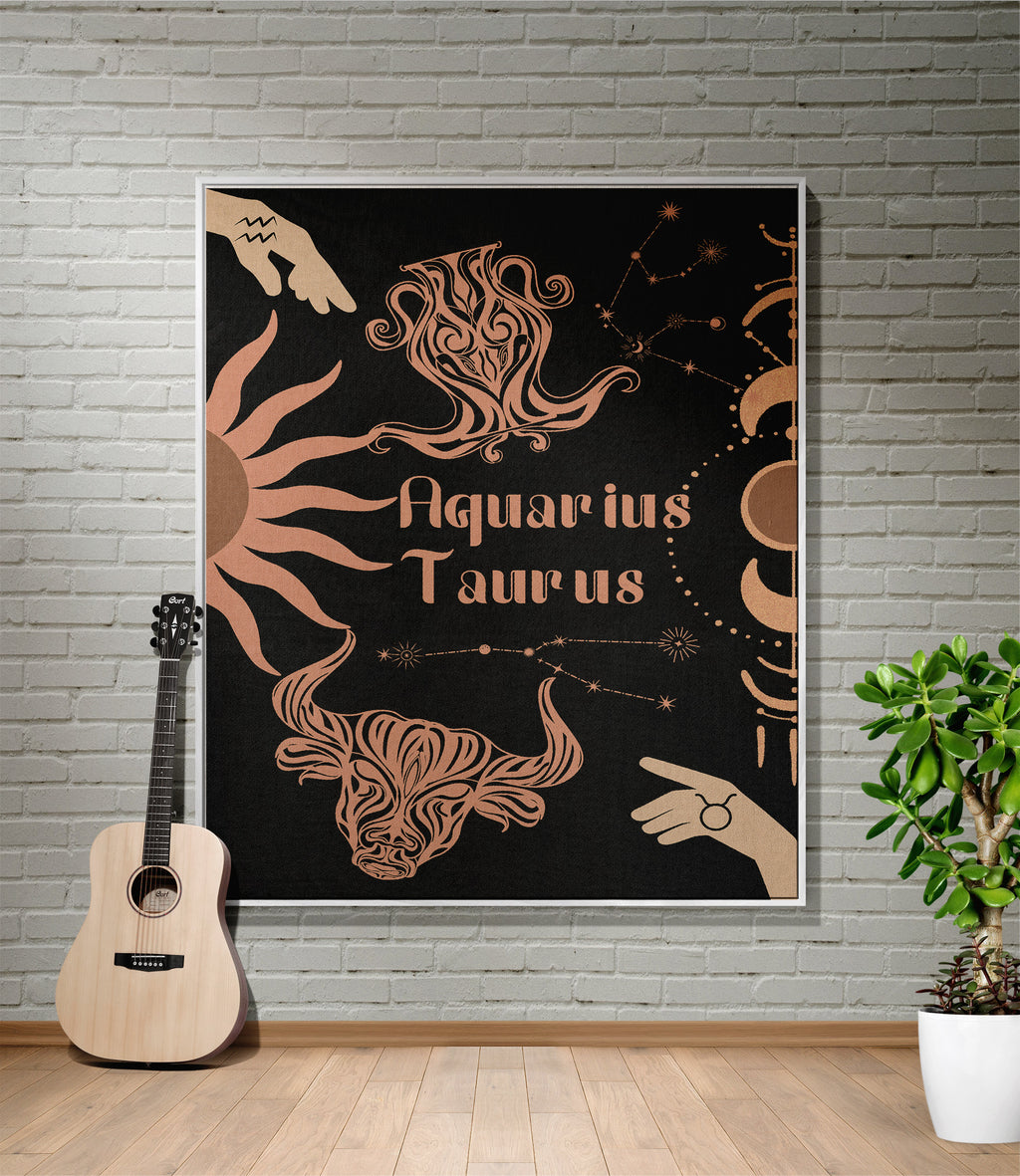 Woven tapestry throw blanket featuring the Aquarius and Taurus zodiac symbols. Perfect for astrology enthusiasts, this cotton throw blanket adds a touch of boho style and celestial charm to your home decor.