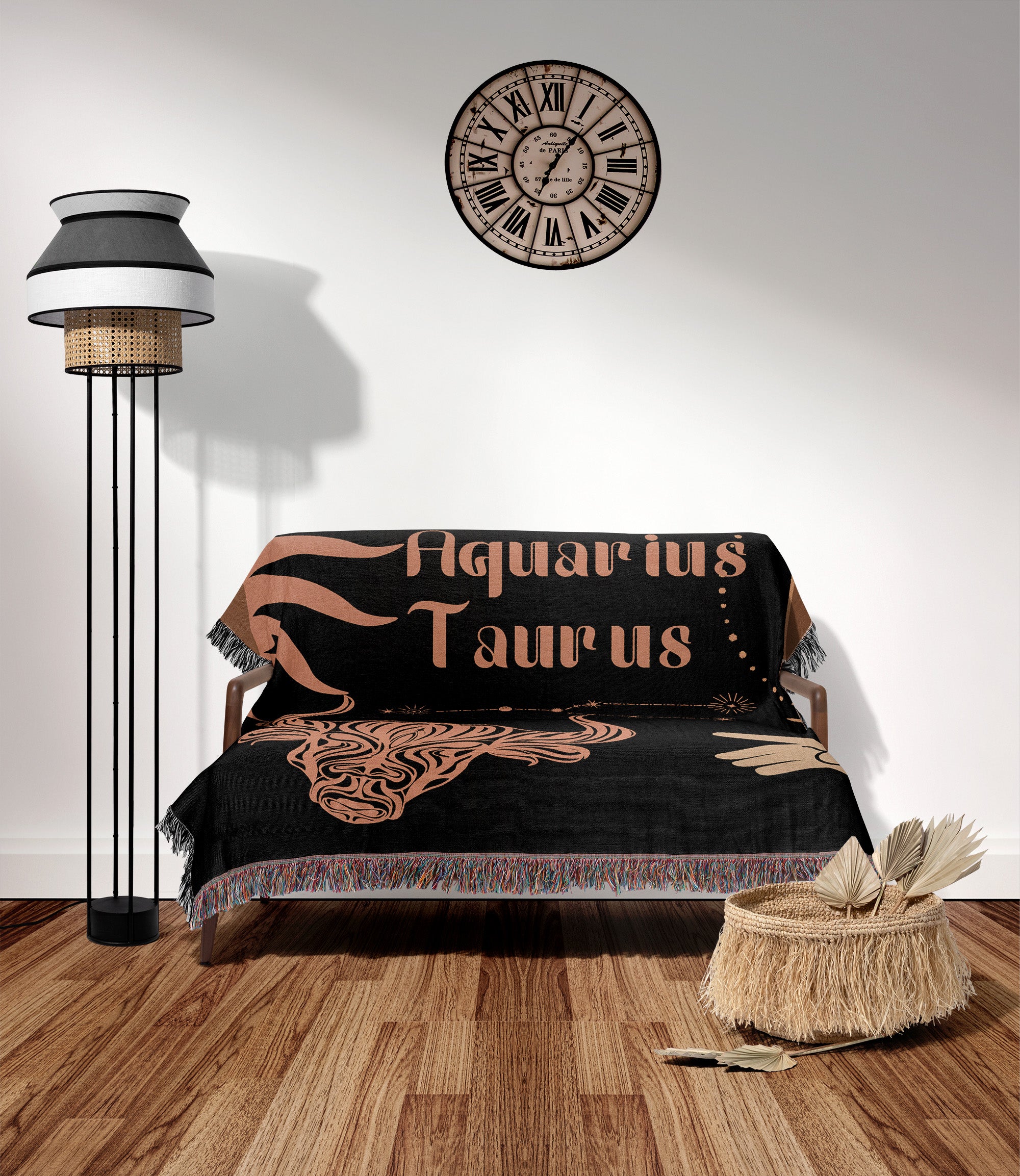 Woven tapestry throw blanket featuring the Aquarius and Taurus zodiac symbols. Perfect for astrology enthusiasts, this cotton throw blanket adds a touch of boho style and celestial charm to your home decor.