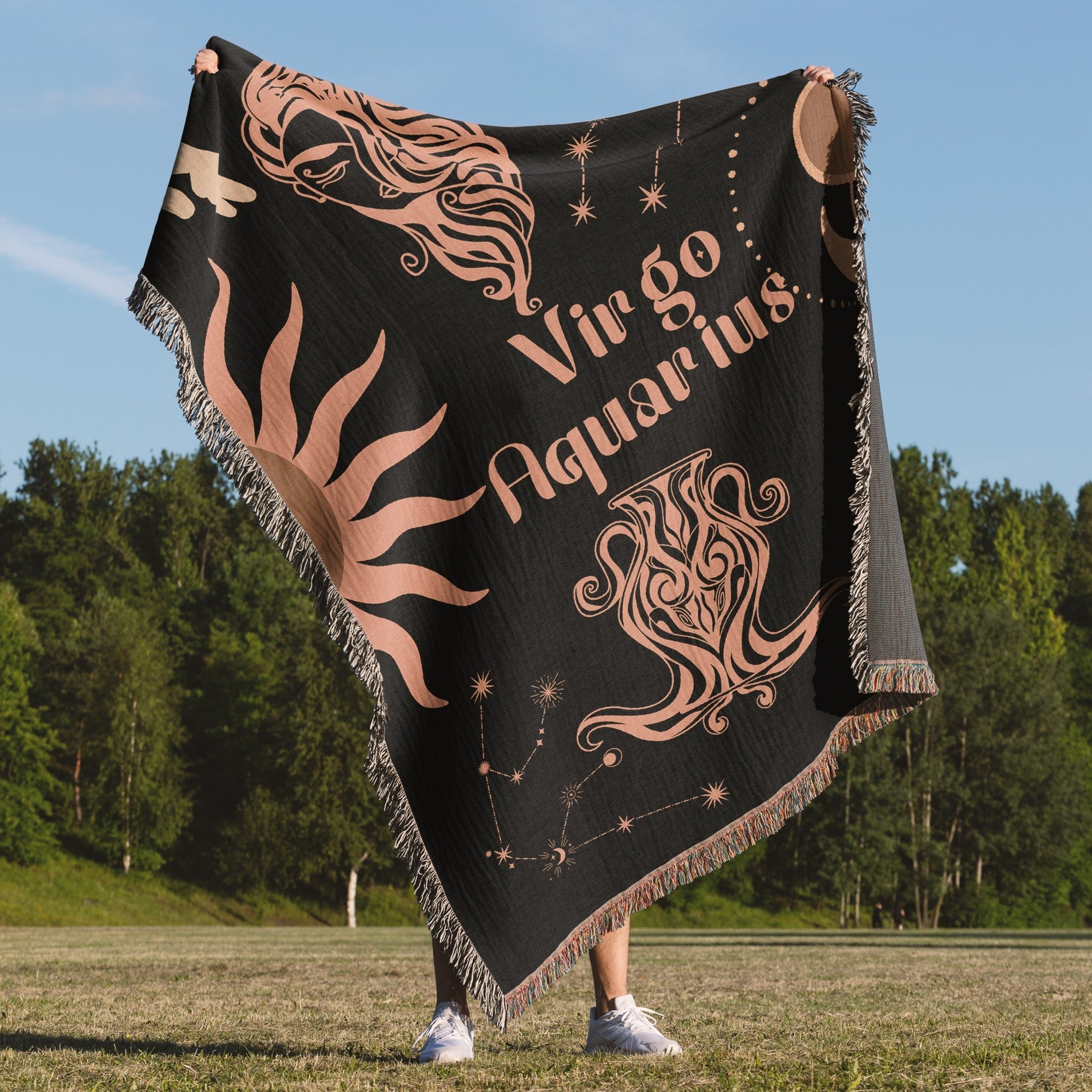 Woven tapestry throw blanket featuring the Aquarius and Virgo zodiac symbols. Perfect for astrology enthusiasts, this cotton throw blanket adds a touch of boho style and celestial charm to your home decor.