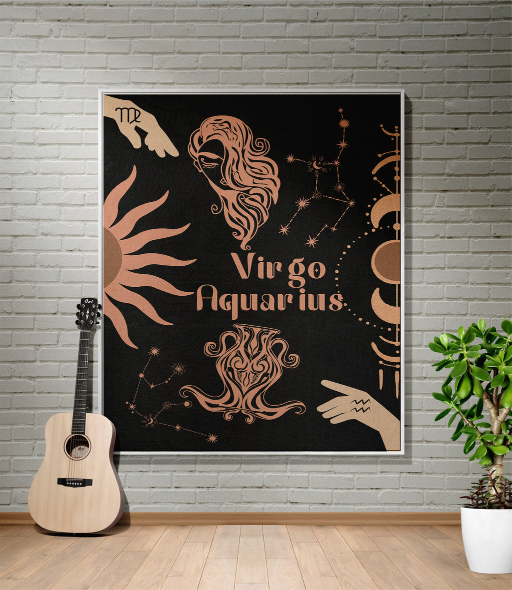 Woven tapestry throw blanket featuring the Aquarius and Virgo zodiac symbols. Perfect for astrology enthusiasts, this cotton throw blanket adds a touch of boho style and celestial charm to your home decor.