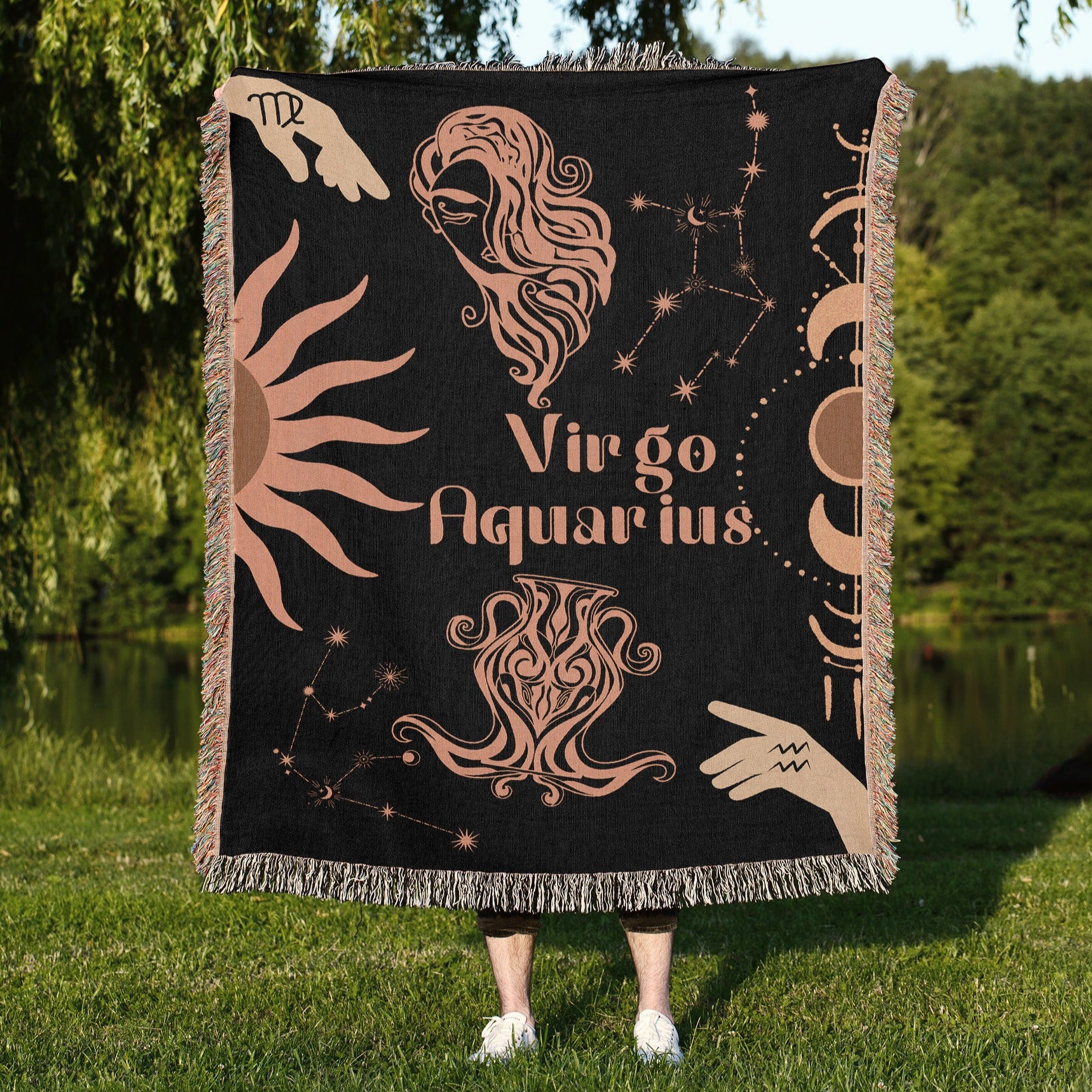Woven tapestry throw blanket featuring the Aquarius and Virgo zodiac symbols. Perfect for astrology enthusiasts, this cotton throw blanket adds a touch of boho style and celestial charm to your home decor.