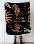 Woven tapestry throw blanket featuring the Aquarius and Virgo zodiac symbols. Perfect for astrology enthusiasts, this cotton throw blanket adds a touch of boho style and celestial charm to your home decor.