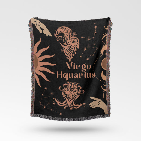 Woven tapestry throw blanket featuring the Aquarius and Virgo zodiac symbols. Perfect for astrology enthusiasts, this cotton throw blanket adds a touch of boho style and celestial charm to your home decor.