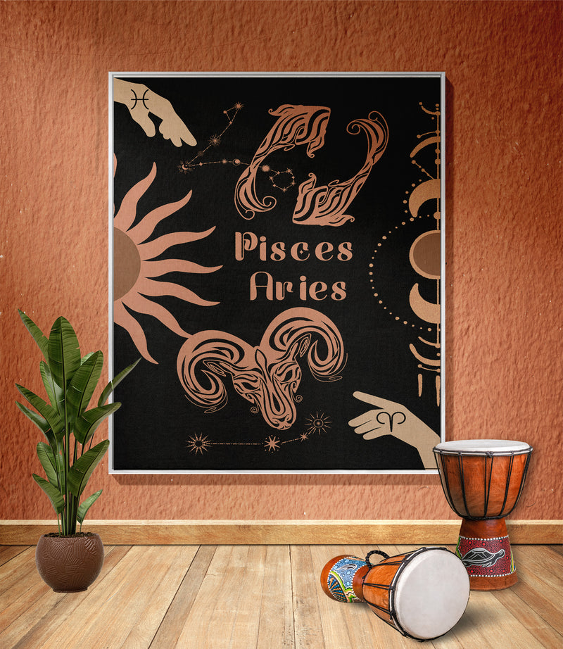 Woven tapestry throw blanket featuring the Aries and Pisces zodiac symbols. Perfect for astrology enthusiasts, this cotton throw blanket adds a touch of boho style and celestial charm to your home decor.