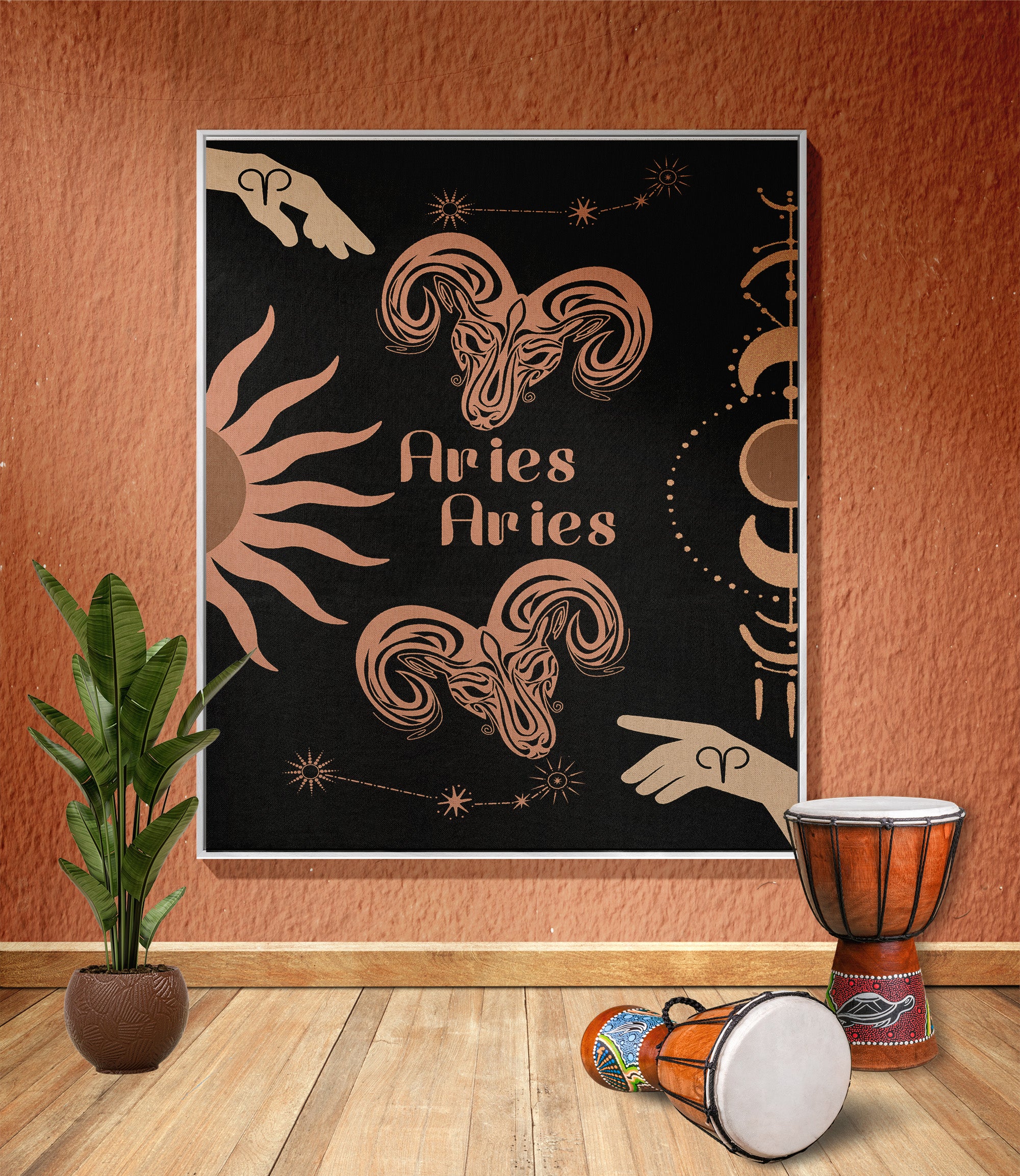 Woven tapestry throw blanket featuring the Aries and Aries zodiac symbols. Perfect for astrology enthusiasts, this cotton throw blanket adds a touch of boho style and celestial charm to your home decor.