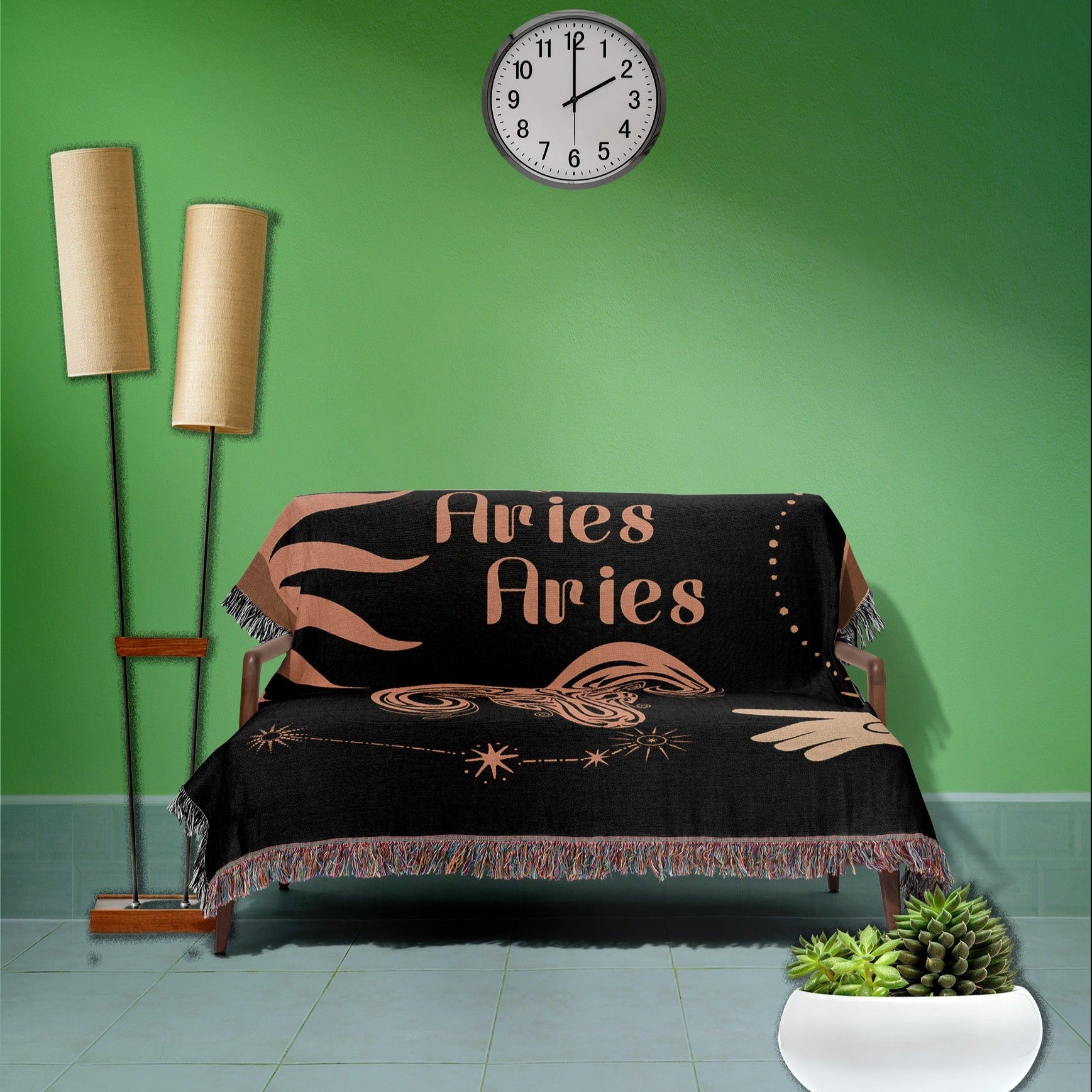 Woven tapestry throw blanket featuring the Aries and Aries zodiac symbols. Perfect for astrology enthusiasts, this cotton throw blanket adds a touch of boho style and celestial charm to your home decor.