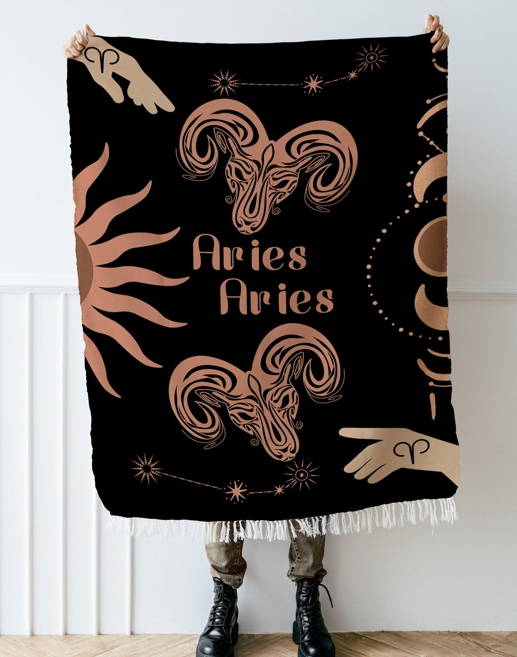 Woven tapestry throw blanket featuring the Aries and Aries zodiac symbols. Perfect for astrology enthusiasts, this cotton throw blanket adds a touch of boho style and celestial charm to your home decor.