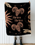 Woven tapestry throw blanket featuring the Aries and Aries zodiac symbols. Perfect for astrology enthusiasts, this cotton throw blanket adds a touch of boho style and celestial charm to your home decor.