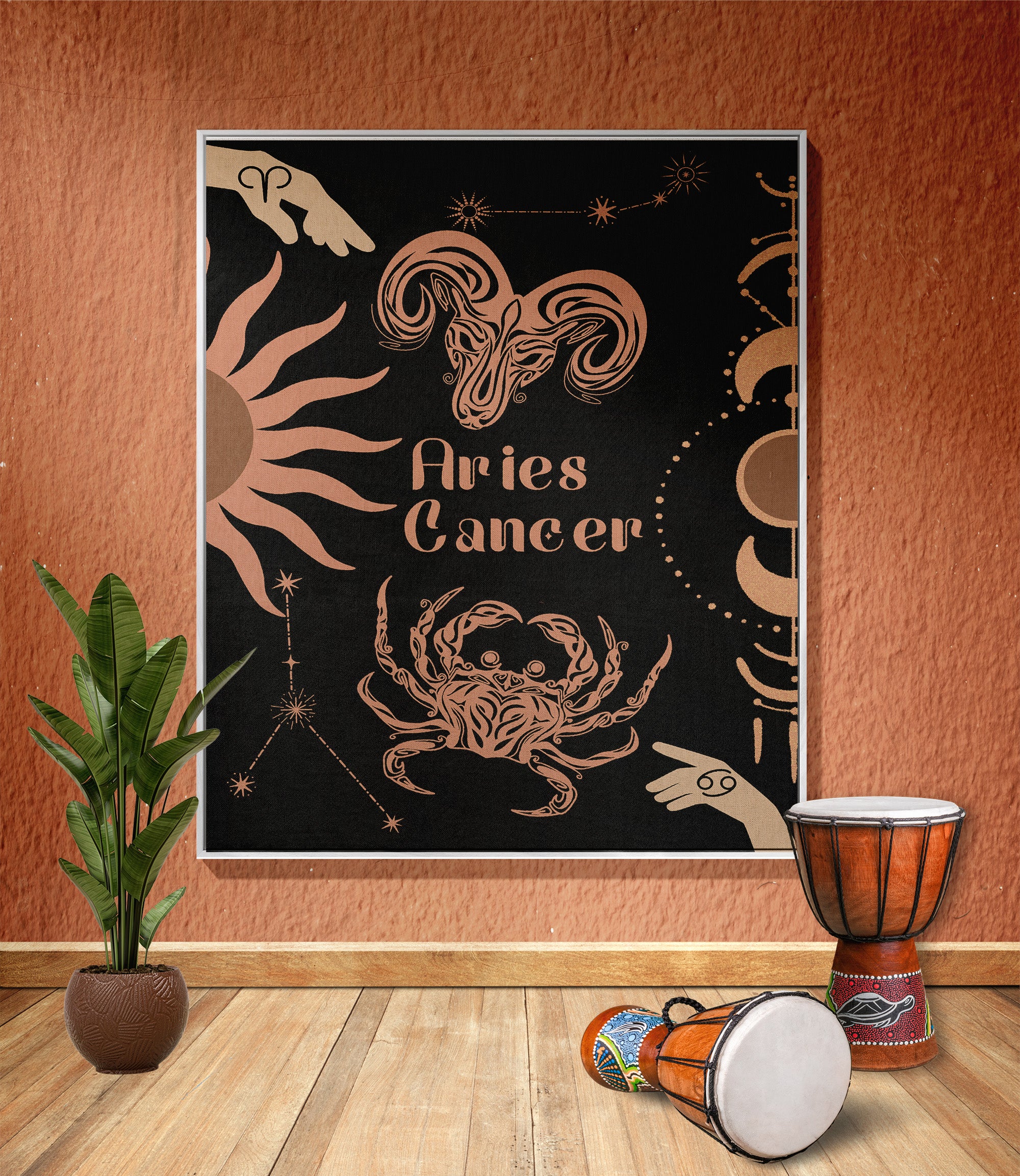 Woven tapestry throw blanket featuring the Aries and Cancer zodiac symbols. Perfect for astrology enthusiasts, this cotton throw blanket adds a touch of boho style and celestial charm to your home decor.