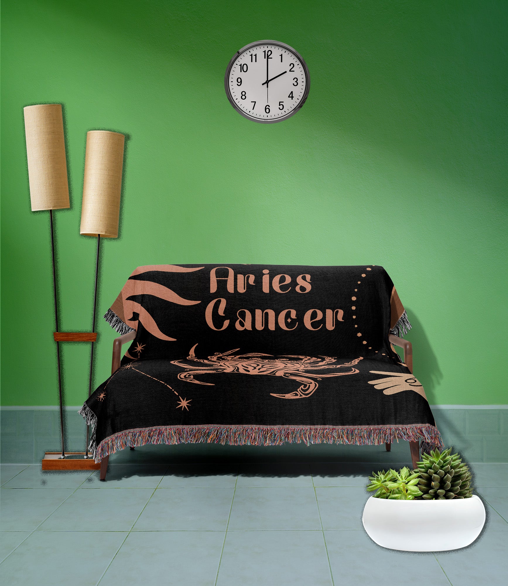 Woven tapestry throw blanket featuring the Aries and Cancer zodiac symbols. Perfect for astrology enthusiasts, this cotton throw blanket adds a touch of boho style and celestial charm to your home decor.