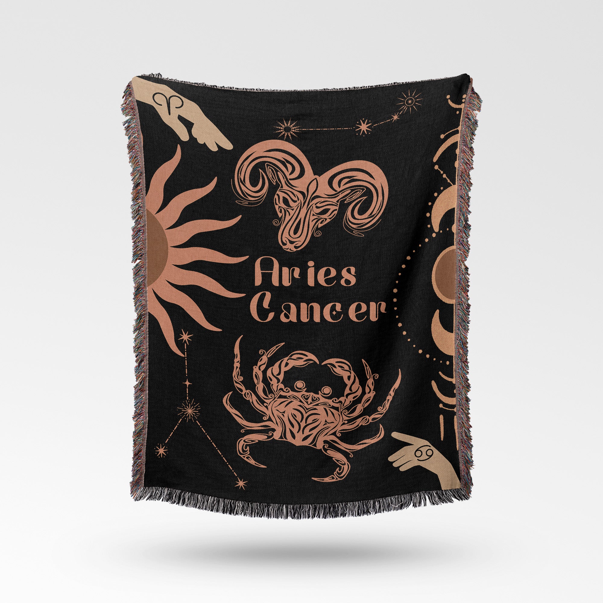 Woven tapestry throw blanket featuring the Aries and Cancer zodiac symbols. Perfect for astrology enthusiasts, this cotton throw blanket adds a touch of boho style and celestial charm to your home decor.