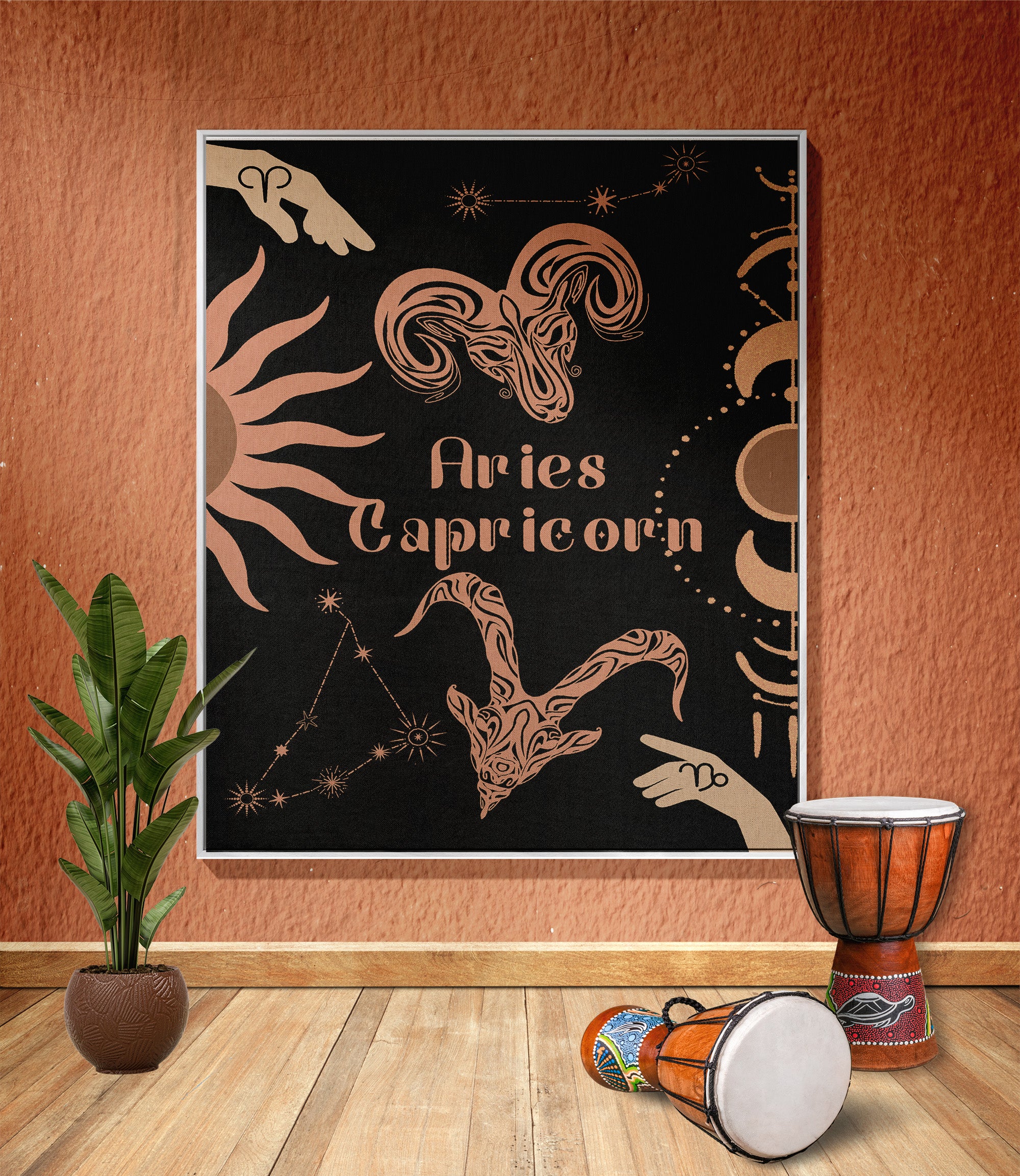 Woven tapestry throw blanket featuring the Aries and Capricorn zodiac symbols. Perfect for astrology enthusiasts, this cotton throw blanket adds a touch of boho style and celestial charm to your home decor.