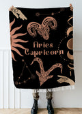 Woven tapestry throw blanket featuring the Aries and Capricorn zodiac symbols. Perfect for astrology enthusiasts, this cotton throw blanket adds a touch of boho style and celestial charm to your home decor.