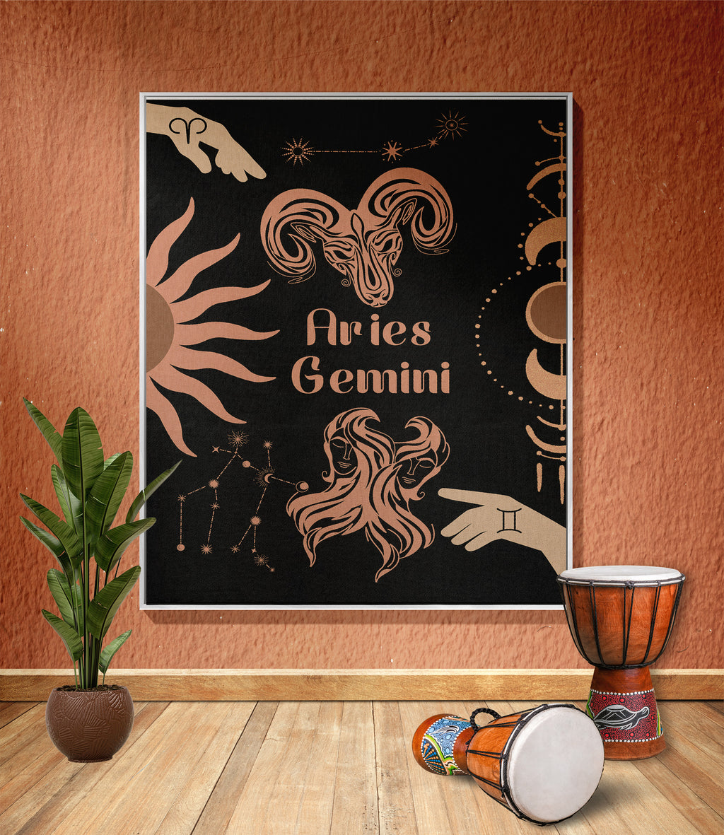 Woven tapestry throw blanket featuring the Aries and Gemini zodiac symbols. Perfect for astrology enthusiasts, this cotton throw blanket adds a touch of boho style and celestial charm to your home decor.