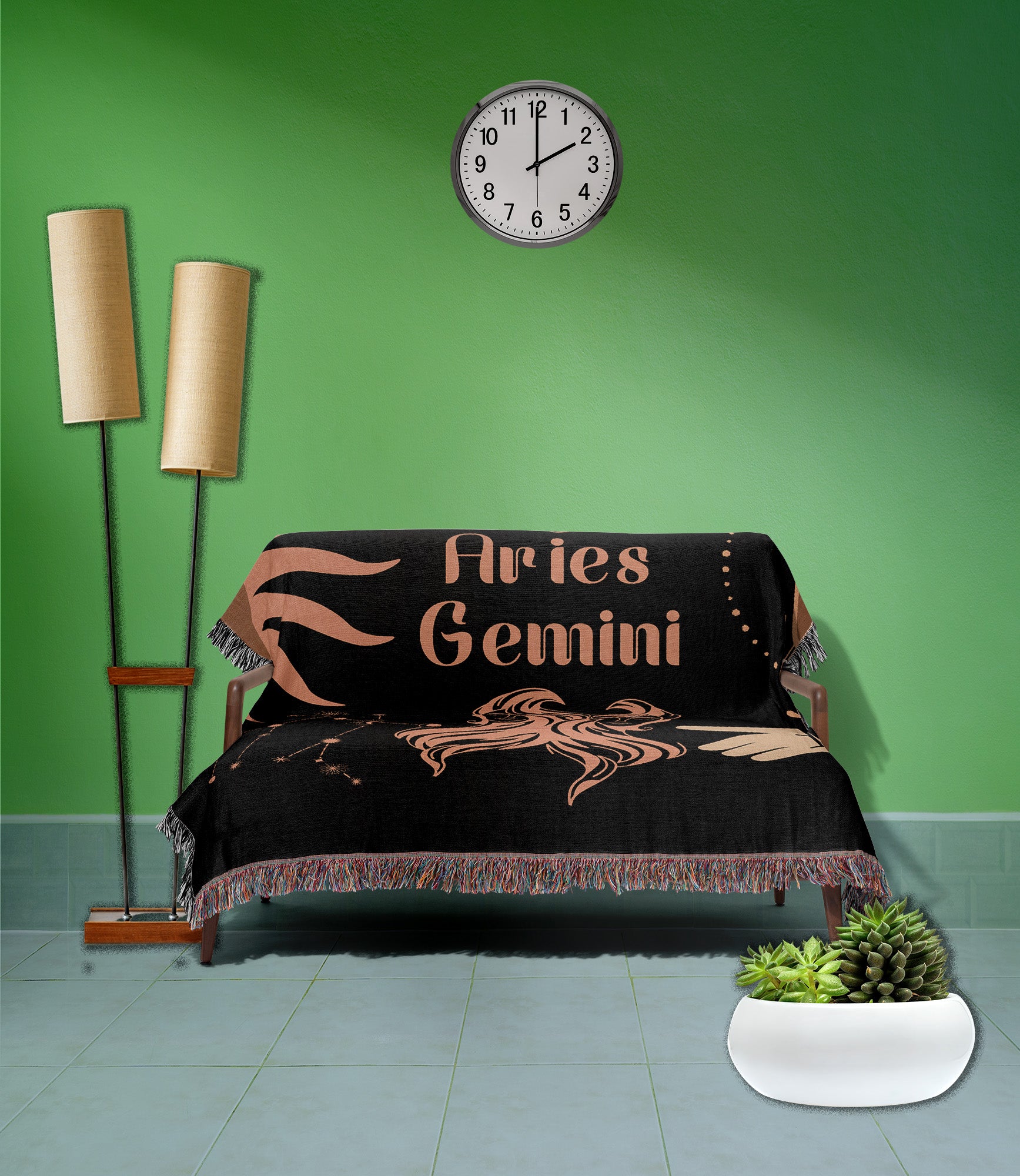 Woven tapestry throw blanket featuring the Aries and Gemini zodiac symbols. Perfect for astrology enthusiasts, this cotton throw blanket adds a touch of boho style and celestial charm to your home decor.