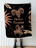 Woven tapestry throw blanket featuring the Aries and Gemini zodiac symbols. Perfect for astrology enthusiasts, this cotton throw blanket adds a touch of boho style and celestial charm to your home decor.