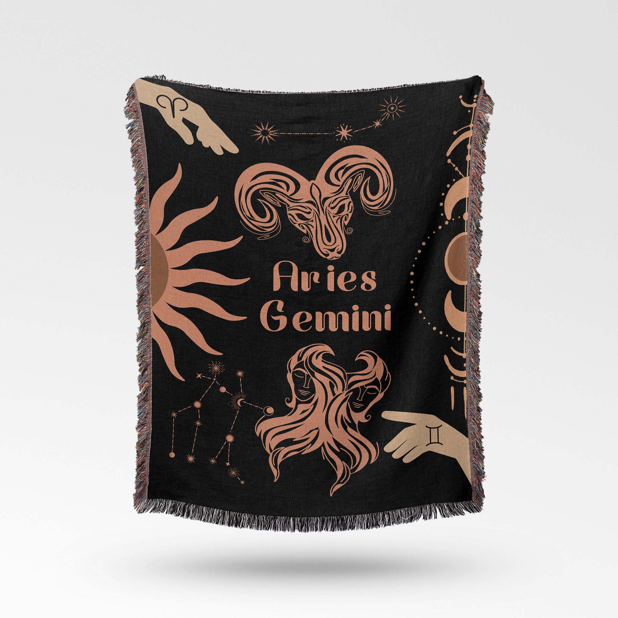 Woven tapestry throw blanket featuring the Aries and Gemini zodiac symbols. Perfect for astrology enthusiasts, this cotton throw blanket adds a touch of boho style and celestial charm to your home decor.