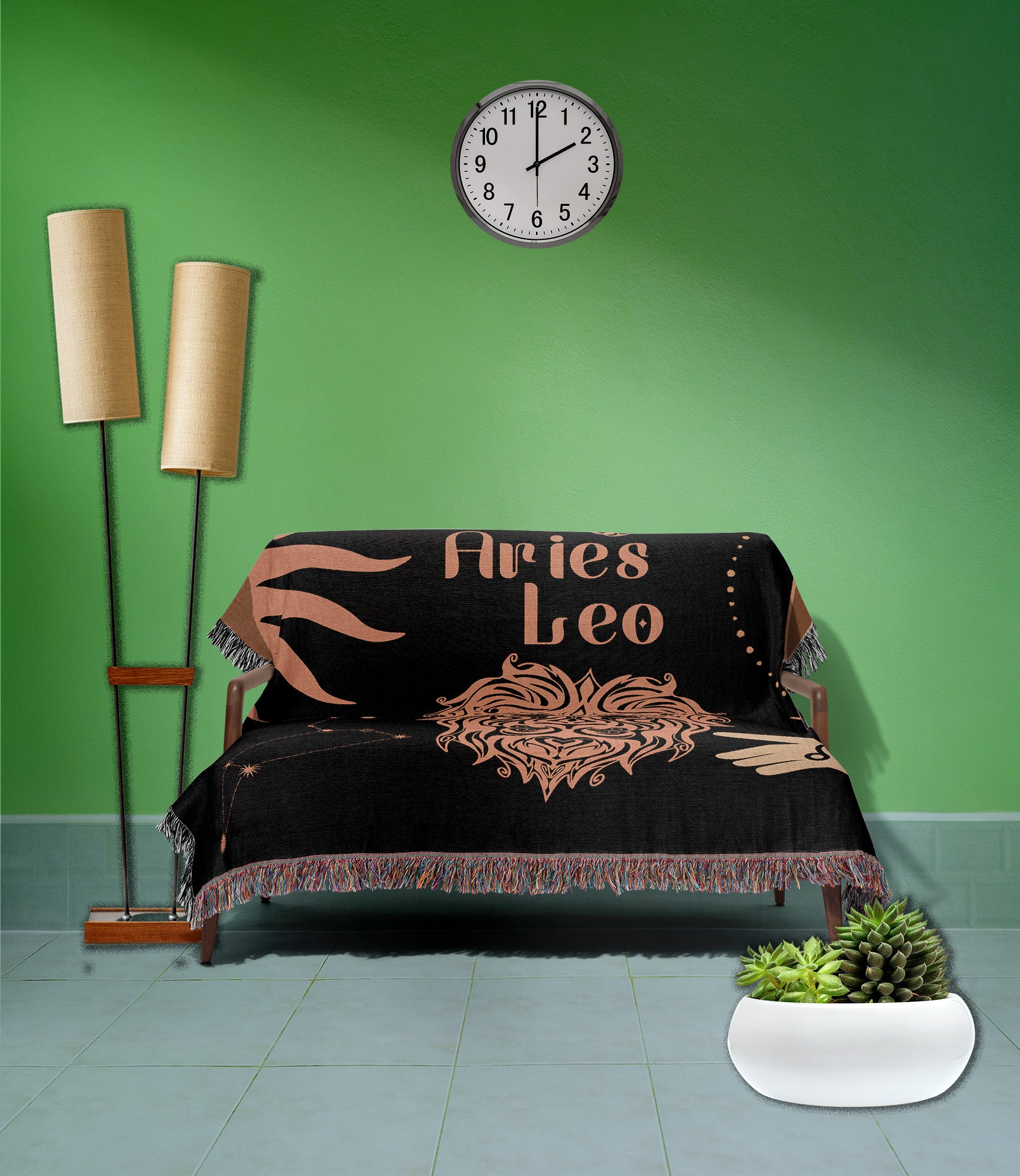 Woven tapestry throw blanket featuring the Aries and Leo zodiac symbols. Perfect for astrology enthusiasts, this cotton throw blanket adds a touch of boho style and celestial charm to your home decor.