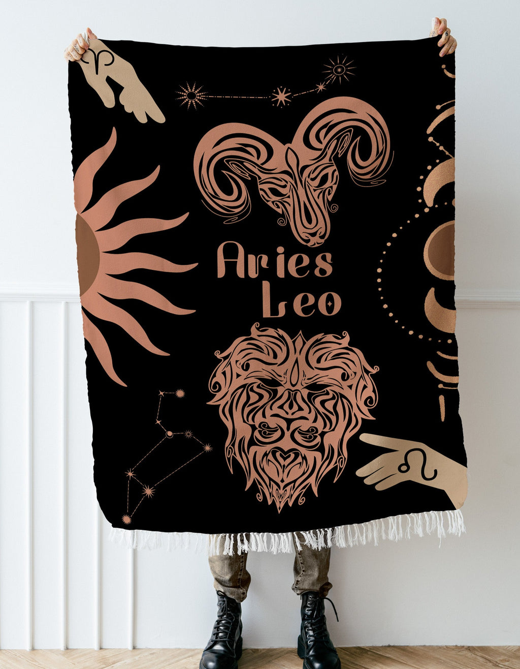 Woven tapestry throw blanket featuring the Aries and Leo zodiac symbols. Perfect for astrology enthusiasts, this cotton throw blanket adds a touch of boho style and celestial charm to your home decor.