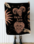 Woven tapestry throw blanket featuring the Aries and Leo zodiac symbols. Perfect for astrology enthusiasts, this cotton throw blanket adds a touch of boho style and celestial charm to your home decor.