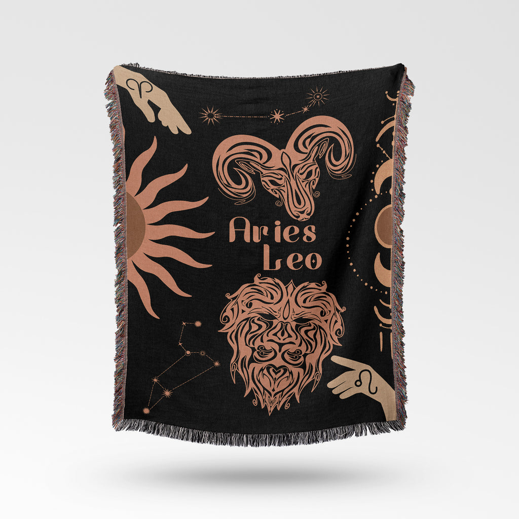 Woven tapestry throw blanket featuring the Aries and Leo zodiac symbols. Perfect for astrology enthusiasts, this cotton throw blanket adds a touch of boho style and celestial charm to your home decor.