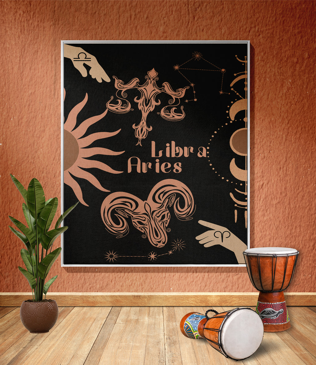 Woven tapestry throw blanket featuring the Aries and Libra zodiac symbols. Perfect for astrology enthusiasts, this cotton throw blanket adds a touch of boho style and celestial charm to your home decor.